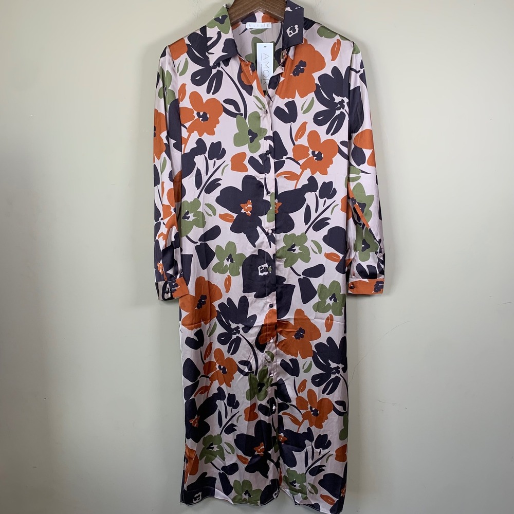 Karlie Floral Satin Pocket Shirt Maxi Dress Size Medium Retail $114 Fall Church